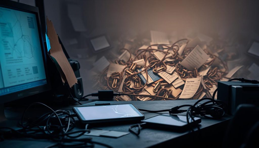 A cluttered desk with a broken computer monitor, scattered cables, and a smartphone with a cracked screen, symbolizing the breakdown of the link building process. The foreground is dimly lit, with a sense of frustration and disarray. In the middle ground, a tangle of outdated webpages and broken hyperlinks, representing the challenges of finding and fixing broken links. The background is hazy, suggesting the overwhelming nature of the task. The overall atmosphere conveys a sense of disarray, highlighting the need for a structured, effective approach to address the broken link building process.