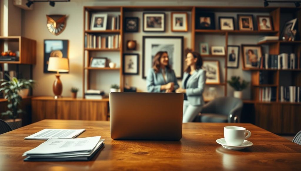 A cozy and inviting office space, with a large wooden desk in the foreground. On the desk, a laptop, a stack of papers, and a cup of coffee. In the middle ground, two professionals, a man and a woman, are engaged in a friendly discussion, their body language indicating an open and collaborative exchange. The background features shelves filled with books and framed artwork, creating a warm and intellectual atmosphere. Soft, diffused lighting illuminates the scene, lending a sense of professionalism and productivity. The overall mood conveys the importance of outreach and relationship building in the context of link building for SEO.