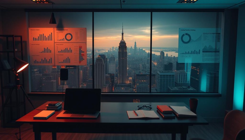 A dimly lit office scene, with a desk in the foreground featuring a laptop, notebook, and various productivity tools. In the middle ground, the wall is adorned with charts, graphs, and analytics dashboards, highlighting AI-powered content optimization metrics. The background showcases a panoramic view of a bustling cityscape, symbolizing the interconnected digital landscape. Warm, earthy tones create a contemplative atmosphere, as the scene suggests the use of advanced AI-driven tools to enhance content performance and engagement. A dimly lit office scene, with a desk in the foreground featuring a laptop, notebook, and various productivity tools. In the middle ground, the wall is adorned with charts, graphs, and analytics dashboards, highlighting AI-powered content optimization metrics. The background showcases a panoramic view of a bustling cityscape, symbolizing the interconnected digital landscape. Warm, earthy tones create a contemplative atmosphere, as the scene suggests the use of advanced AI-driven tools to enhance content performance and engagement.