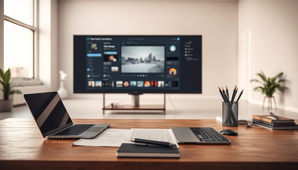 A modern, minimalist digital content creation workspace. In the foreground, a sleek laptop, stylus, and tangible materials like paper and pens. In the middle ground, a large high-resolution display showcases a content creation interface with intuitive controls and visualizations. In the background, a clean, airy room with large windows letting in soft, diffused natural light. The overall atmosphere is one of focused productivity, creativity, and technological sophistication. A modern, minimalist digital content creation workspace. In the foreground, a sleek laptop, stylus, and tangible materials like paper and pens. In the middle ground, a large high-resolution display showcases a content creation interface with intuitive controls and visualizations. In the background, a clean, airy room with large windows letting in soft, diffused natural light. The overall atmosphere is one of focused productivity, creativity, and technological sophistication.