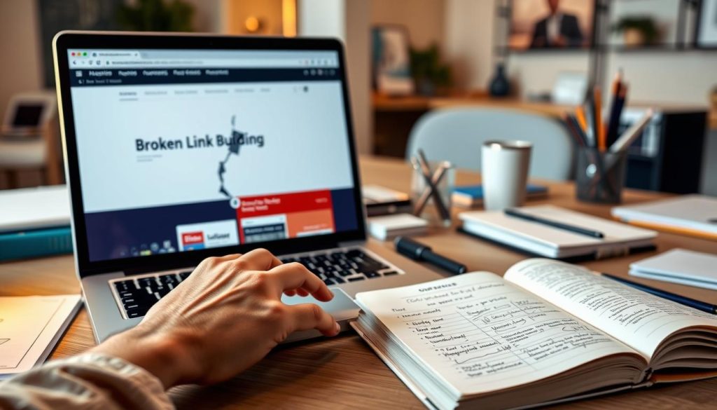 A modern office desk with a laptop, notepads, and various office supplies. The laptop screen displays a broken website link, symbolizing the broken link building process. In the foreground, a person's hands are typing on the keyboard, conveying the outreach efforts. The middle ground features an open notebook with scribbled notes and ideas for the outreach campaign. The background shows a soft, blurred office environment with warm lighting, creating a focused and productive atmosphere. The overall scene suggests a strategic, thoughtful approach to effective broken link building outreach.