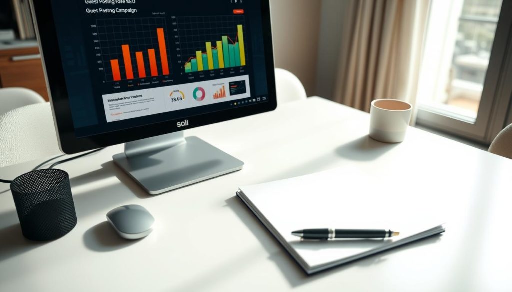 A modern office setting with a desktop computer, a pen, and a notepad on the table. The screen displays a chart with various metrics, representing the data analysis of a guest posting campaign. Soft, natural lighting illuminates the scene, creating a productive and focused atmosphere. The camera angle is slightly elevated, providing a bird's-eye view of the workspace, emphasizing the analytical and evaluative nature of the task at hand. The overall composition conveys a sense of thoughtful consideration and a data-driven approach to measuring the impact of guest posting for SEO.