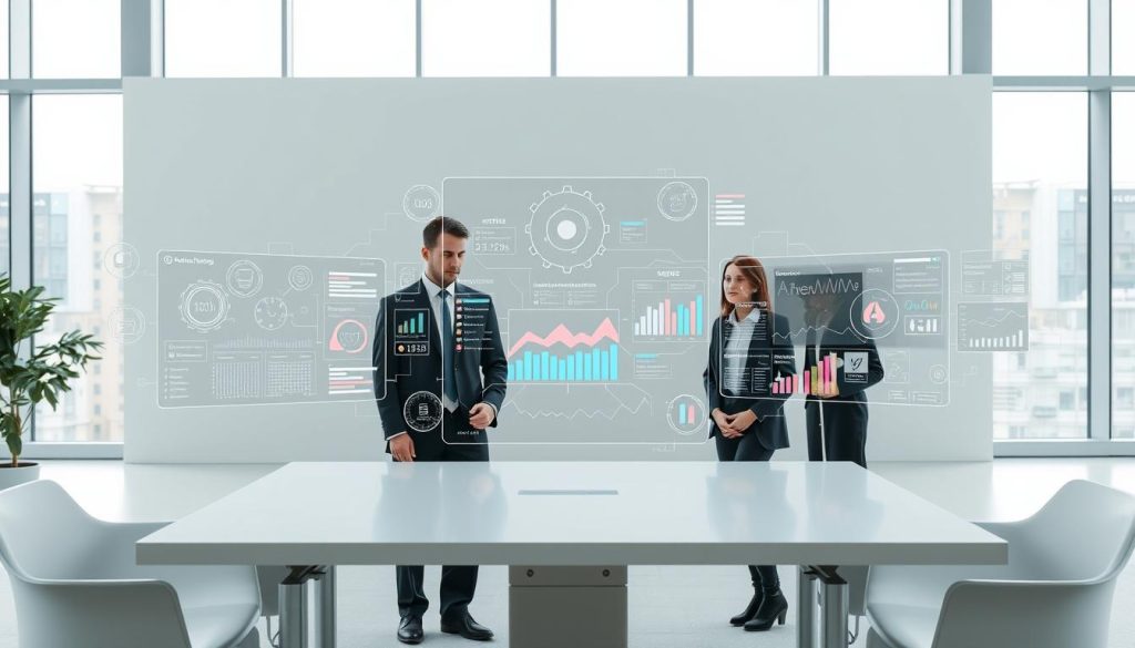 A modern office workspace with sleek, minimalist furniture and large windows allowing natural light to pour in. In the center, a series of interconnected AI-powered SEO tools are displayed on holographic screens, their intricate data visualizations and analytics dashboards hovering above a pristine white desk. The tools are operated by a focused team of data scientists and SEO experts, their expressions concentrated as they analyze search engine performance metrics and optimize content for maximum online visibility. The background is a serene, muted palette, allowing the technology to take center stage and convey a sense of cutting-edge, AI-driven innovation in the field of search engine optimization.