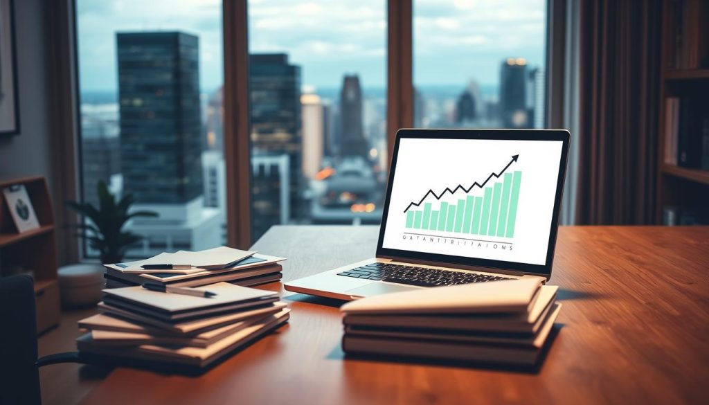 A professional and polished home office interior with a sleek wooden desk, a modern laptop, and a stack of organized documents. The lighting is soft and warm, creating a focused and productive atmosphere. In the background, a large window offers a scenic view of a bustling city skyline, symbolizing the potential reach of a successful guest post outreach strategy. A stylized graph or chart is displayed on the laptop screen, visualizing the impact of strategic guest posting on search engine visibility and website traffic.