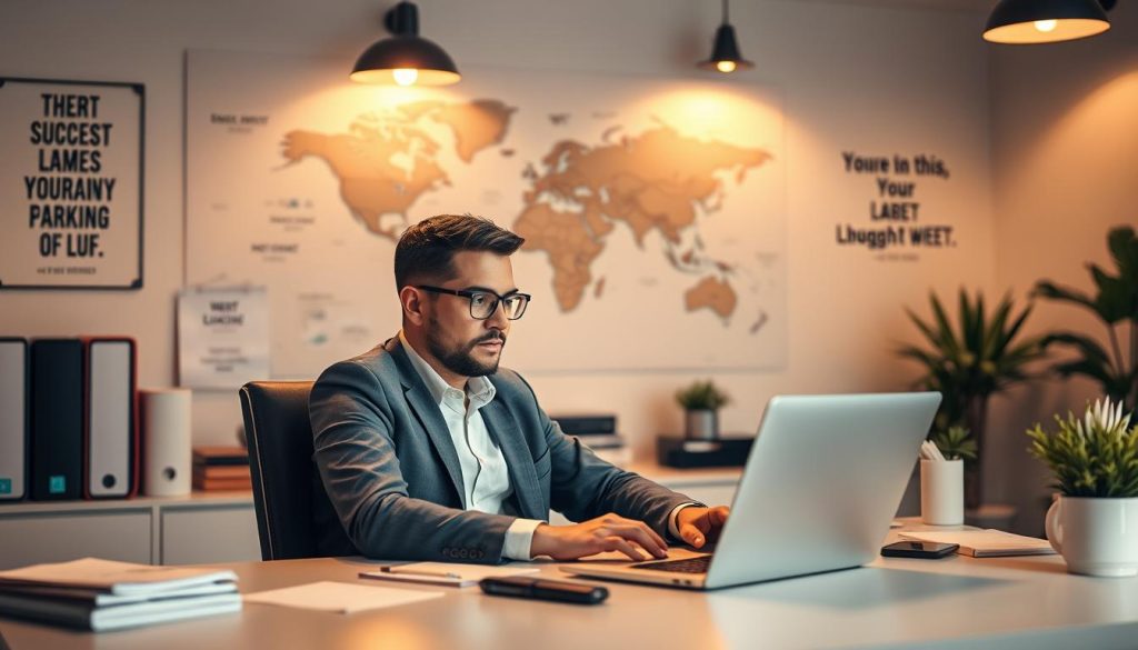 A professional business person sits at a desk, intently focused on a laptop screen, surrounded by a tidy workspace. The lighting is warm and inviting, casting a soft glow. In the background, a world map and motivational quotes adorn the walls, suggesting a global mindset and a drive for success. The overall atmosphere exudes a sense of productivity, strategic thinking, and the pursuit of effective backlink outreach strategies to rank higher in search engine results. A professional business person sits at a desk, intently focused on a laptop screen, surrounded by a tidy workspace. The lighting is warm and inviting, casting a soft glow. In the background, a world map and motivational quotes adorn the walls, suggesting a global mindset and a drive for success. The overall atmosphere exudes a sense of productivity, strategic thinking, and the pursuit of effective backlink outreach strategies to rank higher in search engine results.
