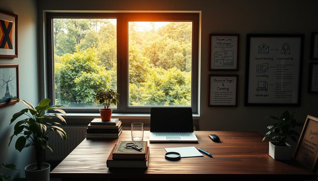 A serene office setting, with a large window overlooking a lush, green landscape. In the foreground, a wooden desk with a laptop, a stack of books, and a potted plant. On the desk, a magnifying glass and some diagrams depicting different link building strategies. The walls are adorned with framed illustrations showcasing various outreach techniques, such as guest posting, broken link building, and resource page optimization. Warm, natural lighting filters through the window, creating a calming atmosphere. The overall scene conveys a sense of thoughtful, sustainable growth through ethical link building practices.