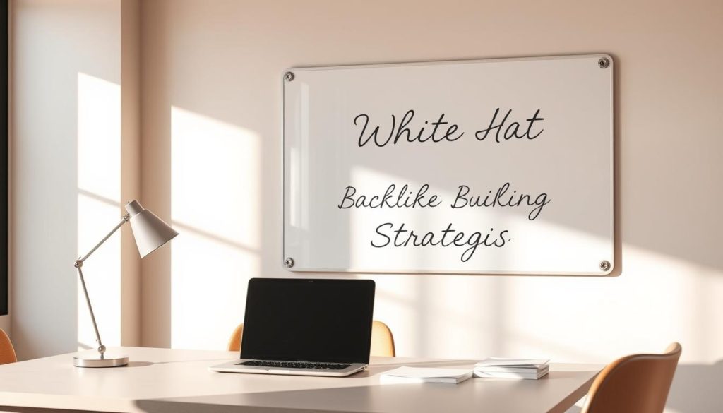 A serene office setting with a professional-looking desk, featuring a laptop, a stack of documents, and a minimalist desk lamp. In the background, a clean whiteboard displays the words "White Hat Backlink Building Strategies" in elegant cursive. The room is bathed in soft, natural lighting, with gentle shadows casting a warm, productive atmosphere. The overall scene conveys a sense of organization, diligence, and a thoughtful approach to building backlinks ethically and effectively. A serene office setting with a professional-looking desk, featuring a laptop, a stack of documents, and a minimalist desk lamp. In the background, a clean whiteboard displays the words "White Hat Backlink Building Strategies" in elegant cursive. The room is bathed in soft, natural lighting, with gentle shadows casting a warm, productive atmosphere. The overall scene conveys a sense of organization, diligence, and a thoughtful approach to building backlinks ethically and effectively.