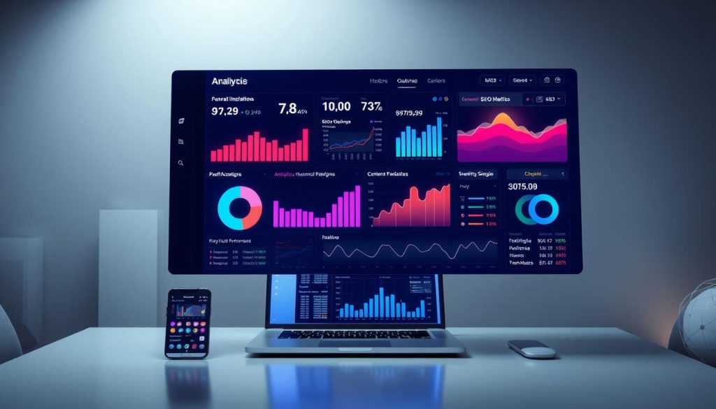 A sleek, modern data visualization dashboard floating above a minimalist workspace. In the foreground, an array of interactive charts, graphs, and metrics tracking key SEO performance indicators. Vibrant colors and clean lines convey a sense of technological sophistication. In the middle ground, a laptop and smartphone display additional analytics, while the background features abstract geometric shapes and a subtle grid pattern suggestive of data flows. Soft, directional lighting creates depth and highlights the dashboard's holographic, futuristic aesthetic. The overall mood is one of insightful, data-driven decision making.