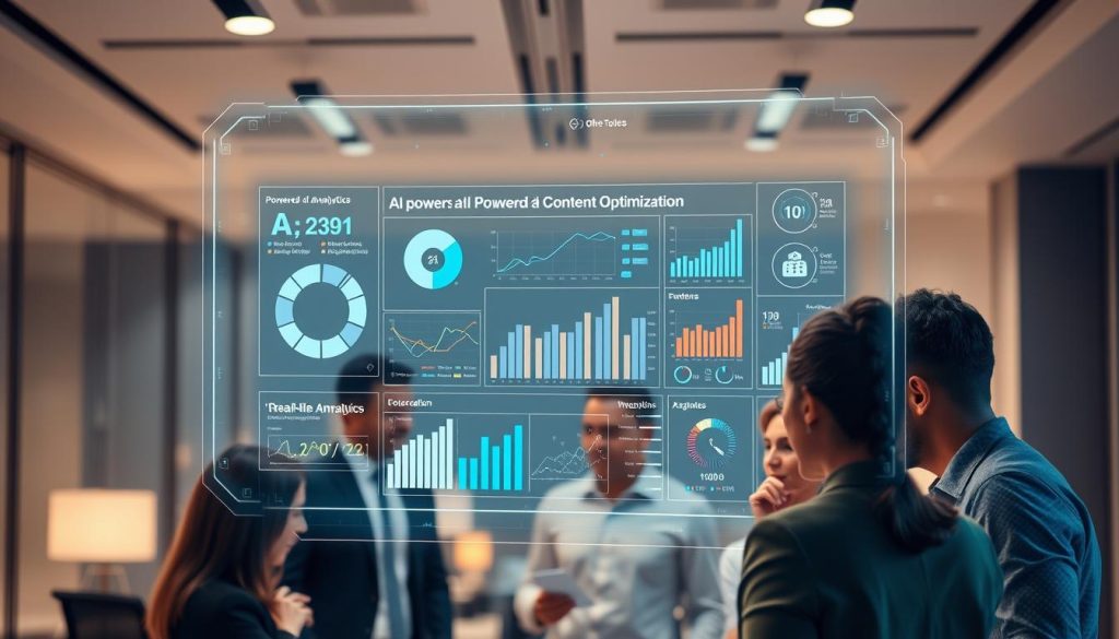 A sleek, modern office setting with a large holographic display at the center, showcasing an AI-powered content optimization dashboard. The display features dynamic charts, graphs, and real-time analytics, all powered by advanced algorithms. In the foreground, a team of professionals intently examining the data, their expressions a mix of concentration and excitement. The lighting is soft and diffused, creating a warm, productive atmosphere. The background is blurred, placing the focus entirely on the AI-driven software and its impact on the content optimization process. A sleek, modern office setting with a large holographic display at the center, showcasing an AI-powered content optimization dashboard. The display features dynamic charts, graphs, and real-time analytics, all powered by advanced algorithms. In the foreground, a team of professionals intently examining the data, their expressions a mix of concentration and excitement. The lighting is soft and diffused, creating a warm, productive atmosphere. The background is blurred, placing the focus entirely on the AI-driven software and its impact on the content optimization process.