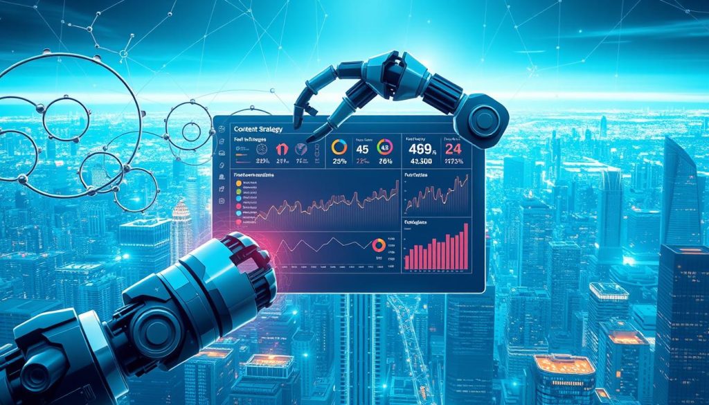 A striking, high-resolution digital illustration depicting an AI-driven content strategy. In the foreground, a robotic arm manipulates a complex web of data streams, algorithms, and content assets. The middle ground features a digital dashboard filled with real-time analytics, content performance metrics, and AI-generated content recommendations. In the background, a vast, futuristic cityscape represents the global digital landscape where content strategies are deployed and optimized. The scene is bathed in a cool, neon-tinged lighting, creating a sleek, sophisticated atmosphere. The overall composition conveys the power and precision of AI-driven content strategies to drive higher SEO rankings.