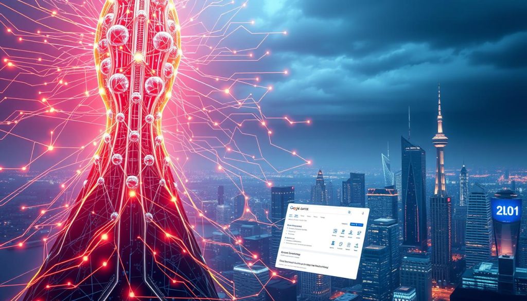 A stunning, hyper-realistic digital illustration depicting the impact of AI on SEO ranking. In the foreground, a powerful AI neural network system, depicted as a towering, futuristic machine learning algorithm, its intricate inner workings visible. Emanating from this AI core, a series of pulsing data streams and information flows, each representing a different aspect of SEO optimization. In the middle ground, a search engine results page, with a website prominently displayed, its ranking elevated by the AI-driven optimization. In the background, a cityscape of skyscrapers and digital infrastructure, symbolizing the broader technological landscape in which this AI-powered SEO strategy is deployed. The overall scene conveys a sense of technological sophistication, cutting-edge innovation, and the transformative impact of AI on modern digital marketing.