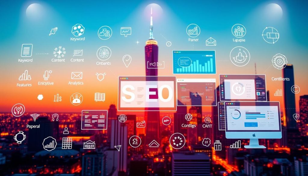 A vibrant digital display showcasing a variety of AI-powered SEO tools. In the foreground, sleek icons and infographic visualizations represent features like keyword research, content optimization, and analytics. The middle ground features software interfaces and dashboards, conveying the interactive and data-driven nature of these AI tools. The background depicts a city skyline, hinting at the global reach and enterprise-level capabilities of these AI SEO solutions. The lighting is clean and modern, with a touch of warmth to evoke a sense of productivity and innovation. The composition is balanced, drawing the viewer's attention to the core functionality of these cutting-edge AI-powered SEO tools.