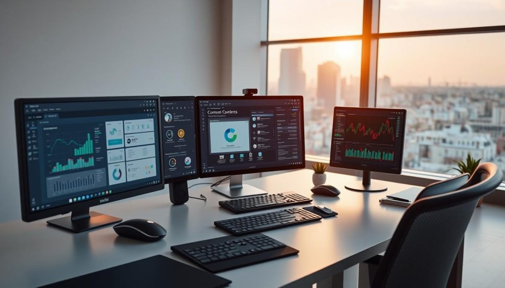 A well-lit, photorealistic desk setup showcasing an array of content optimization tools. In the foreground, various software interfaces are displayed on high-resolution monitors, with intuitive dashboards and analytical visualizations. In the middle ground, a selection of productivity devices such as a sleek mouse, ergonomic keyboard, and tablet stylus are neatly arranged. The background features a minimalist office environment with a large window overlooking a cityscape, bathing the scene in warm, natural light. The overall atmosphere conveys a sense of efficiency, productivity, and the seamless integration of cutting-edge AI-powered tools into the content creation workflow. A well-lit, photorealistic desk setup showcasing an array of content optimization tools. In the foreground, various software interfaces are displayed on high-resolution monitors, with intuitive dashboards and analytical visualizations. In the middle ground, a selection of productivity devices such as a sleek mouse, ergonomic keyboard, and tablet stylus are neatly arranged. The background features a minimalist office environment with a large window overlooking a cityscape, bathing the scene in warm, natural light. The overall atmosphere conveys a sense of efficiency, productivity, and the seamless integration of cutting-edge AI-powered tools into the content creation workflow.
