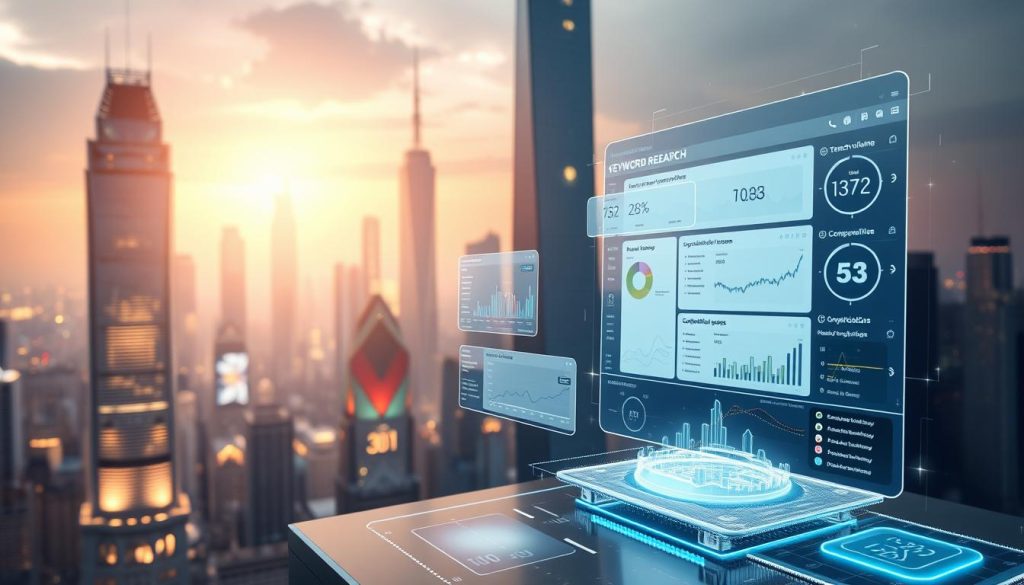 An elegant, futuristic scene of AI-powered keyword research tools. In the foreground, a sleek, holographic dashboard displays various data visualizations and analytics. The middle ground features several floating, interactive interfaces showcasing keyword trends, search volume, and competition analysis. In the background, a cityscape of skyscrapers and glowing infrastructure creates a dynamic, tech-forward atmosphere. Soft, ambient lighting casts an ethereal glow, while the camera angle is slightly elevated to convey a sense of authority and oversight. The overall mood is one of innovation, efficiency, and the power of AI-driven insights for modern SEO.