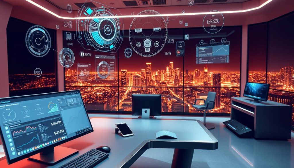 Prompt A sleek, futuristic workspace featuring an array of advanced AI-powered keyword research tools. In the foreground, a user interface displays intricate data visualizations and analytical insights. Surrounding it, an assortment of high-tech devices and holographic displays hover, projecting key metrics and recommendations. The middle ground showcases a minimalist, metallic desk with a state-of-the-art computer system, while the background depicts a panoramic cityscape, hinting at the global reach of these innovative technologies. The scene is bathed in a warm, directional lighting, creating a sense of depth and emphasizing the cutting-edge nature of the AI-powered tools.